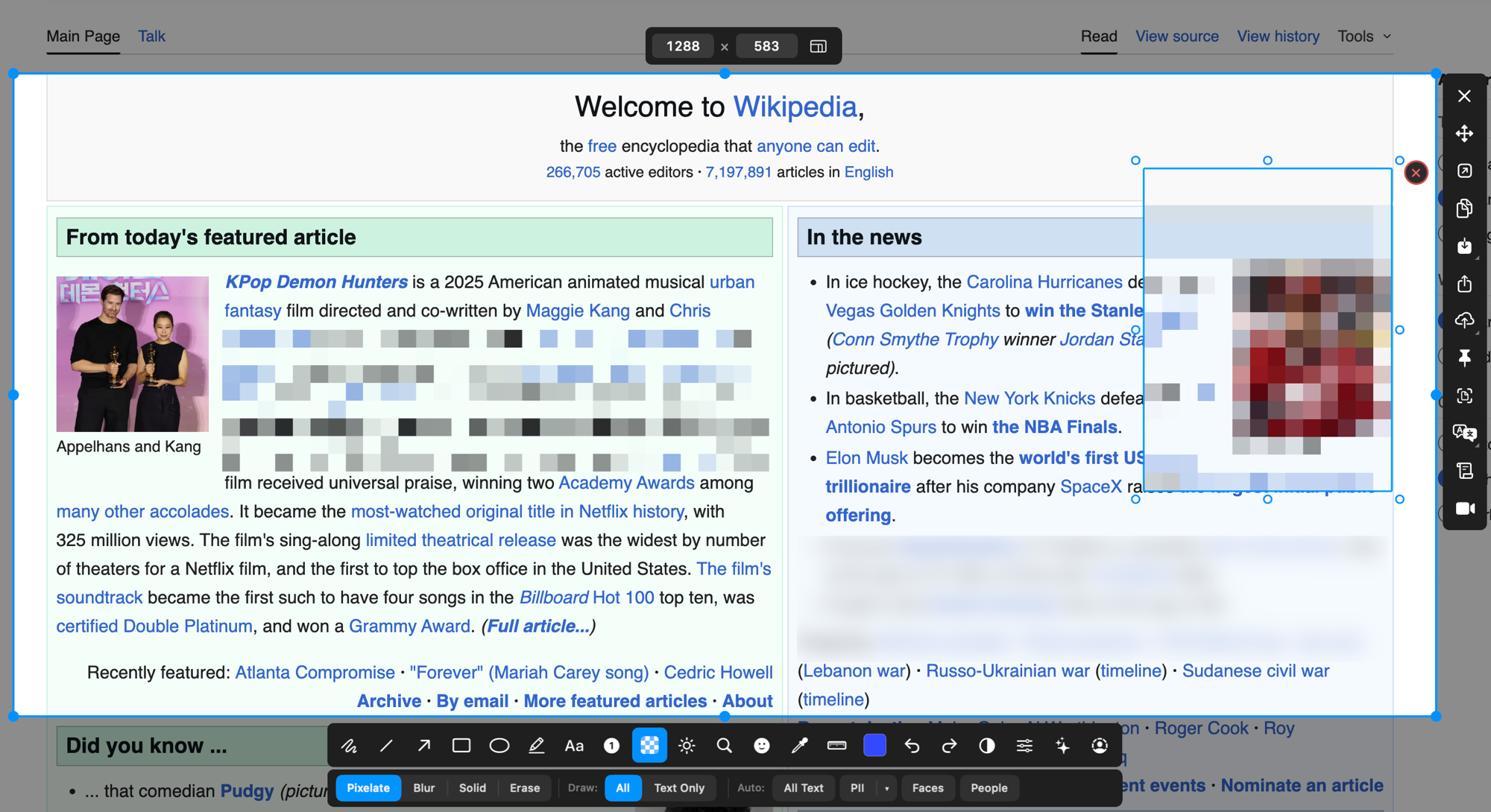 macshot's censor tool on macOS with pixelate, blur, solid and erase modes plus auto-redact for PII, faces and people, shown blurring and pixelating regions of a web page