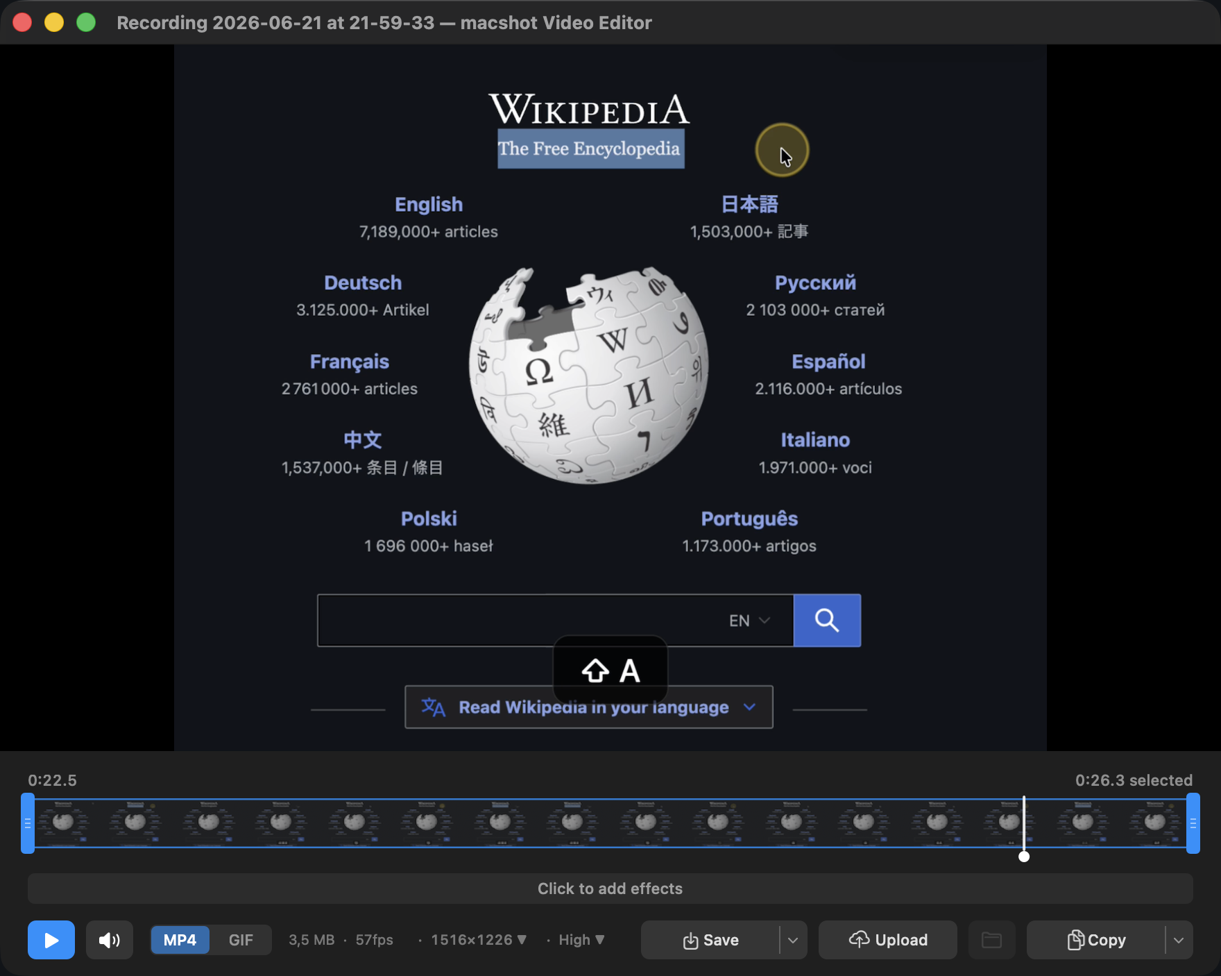 macshot highlighting a mouse click with a marker, and showing a keystroke overlay, during a screen recording on macOS