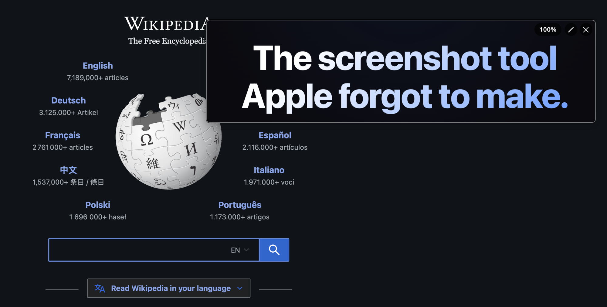 A pinned screenshot floating on top of a Wikipedia page on macOS, with zoom, edit and close controls, staying visible while working in another window