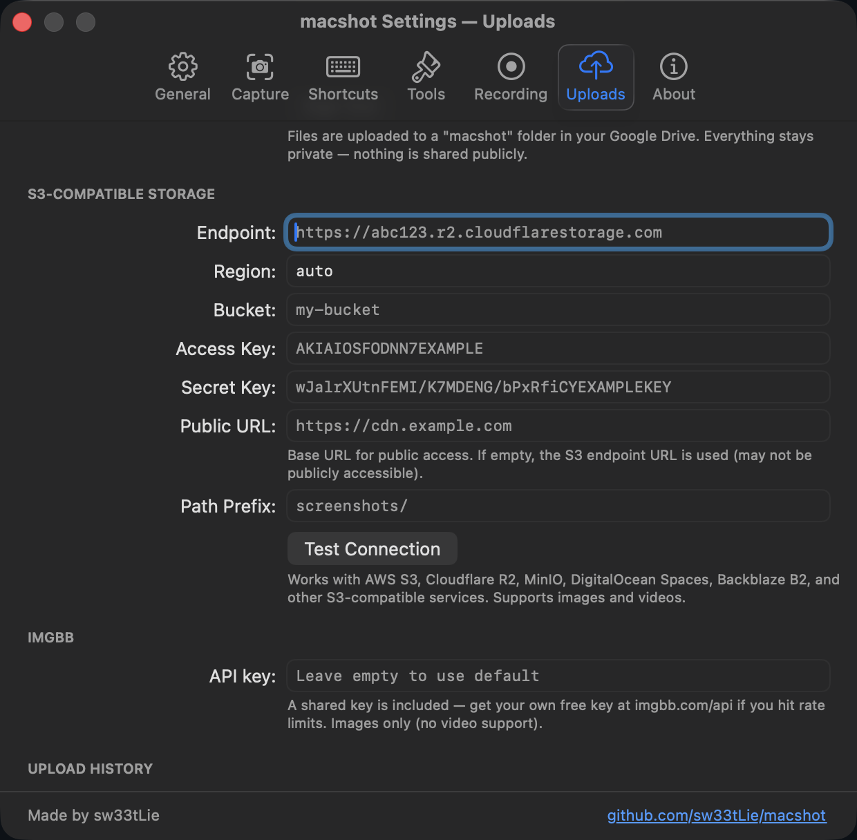 macshot's S3-compatible storage settings on macOS — endpoint, region, bucket, access keys, public URL and path prefix for uploading screenshots to your own bucket