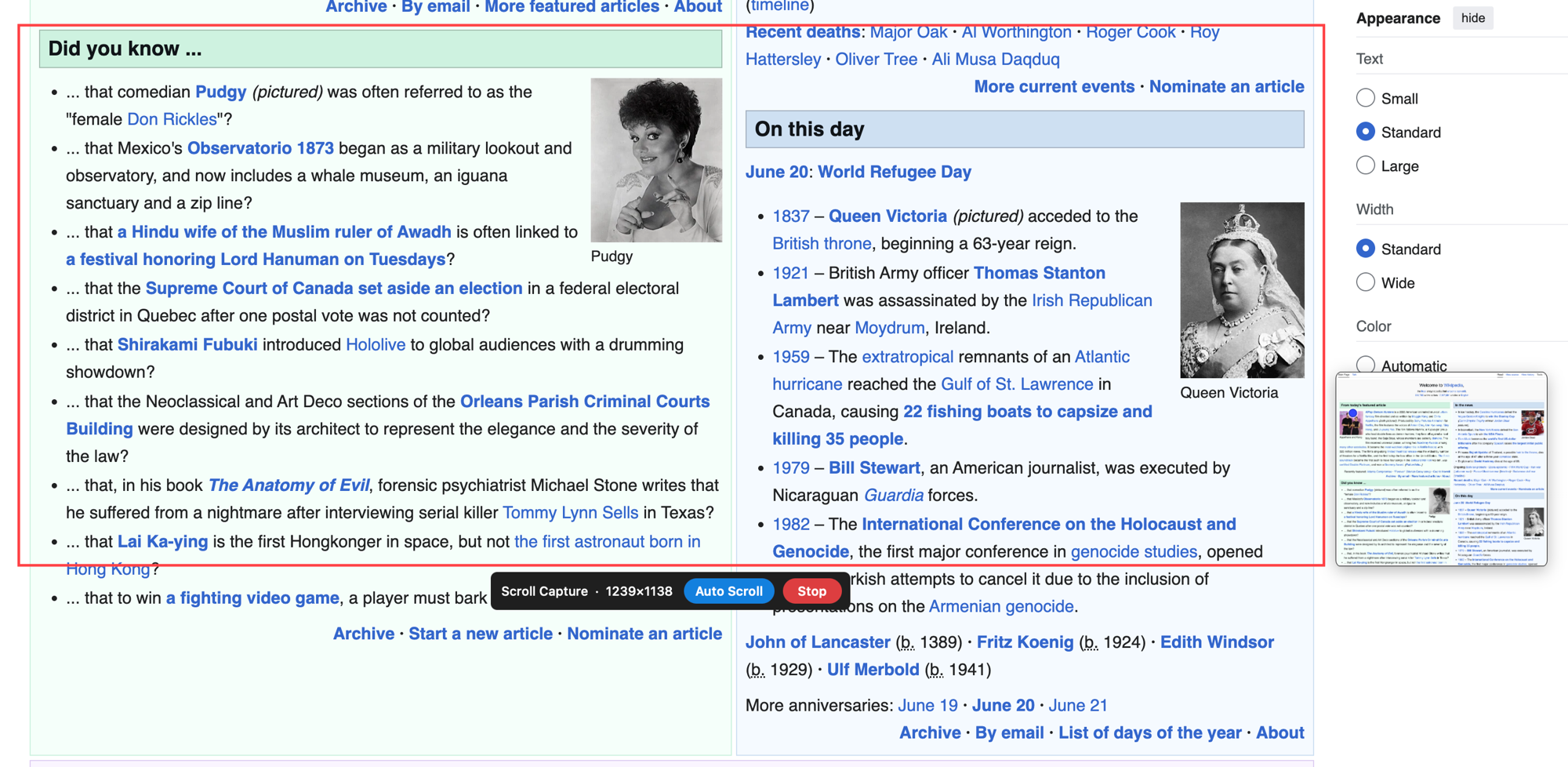 macshot capturing a scrolling screenshot of a long web page on macOS, with the red capture region, the Scroll Capture progress HUD, and a live stitched preview of the full page