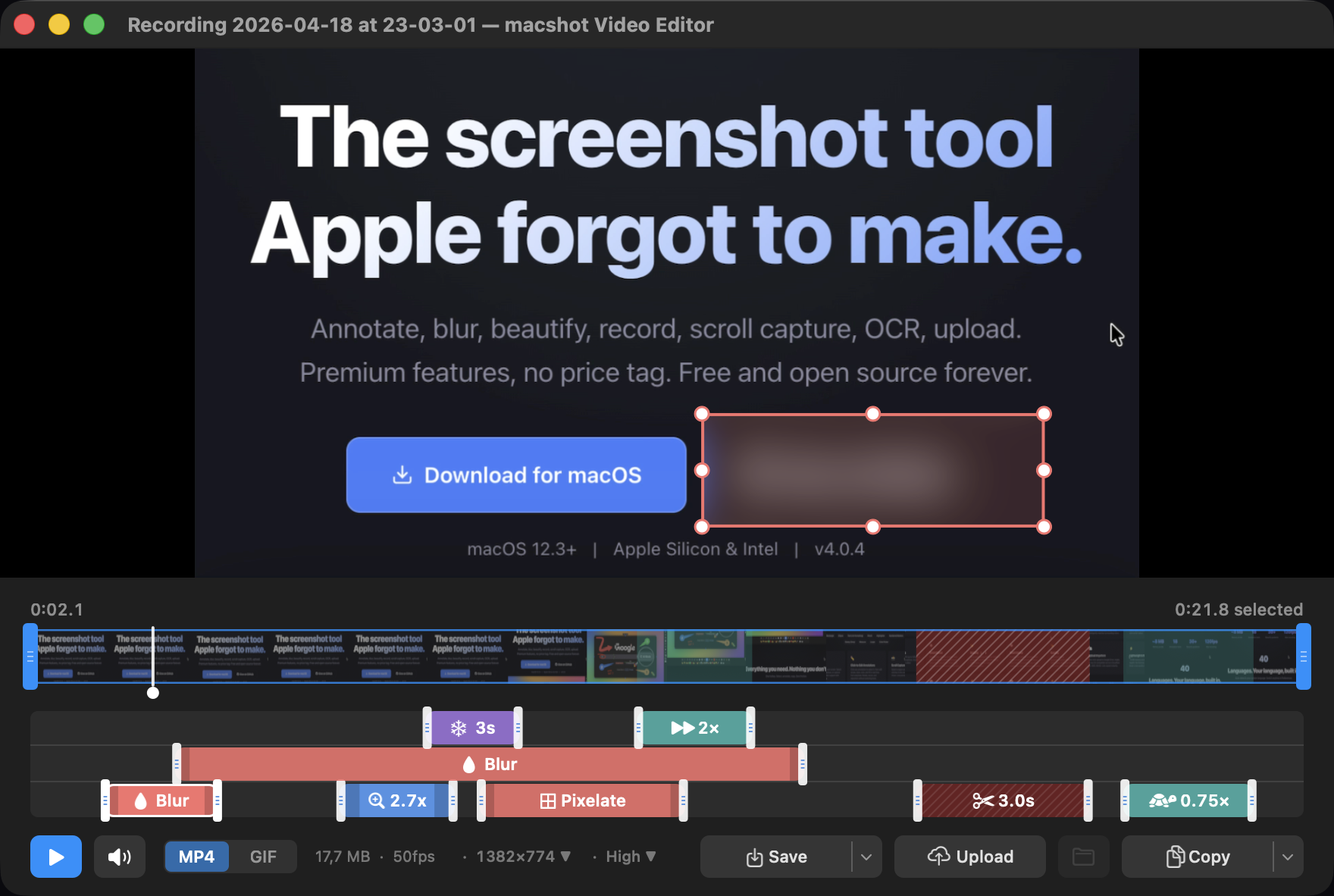 macshot's built-in video editor on macOS, with a timeline showing cut, speed, freeze, zoom and censor effects on a screen recording